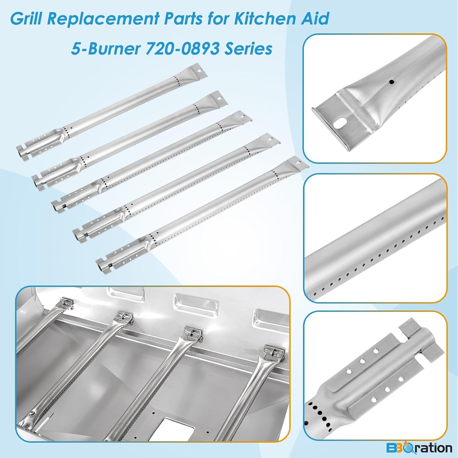 Replacement Kit for Kitchen Aid 720-0893 720-0893A 720-0893D 720-0893G, 7MM Stainless Steel Cooking Grates, Burners and Heat Plates for Kitchenaid Grill Replacement Parts 5-Burner Gas Grill
