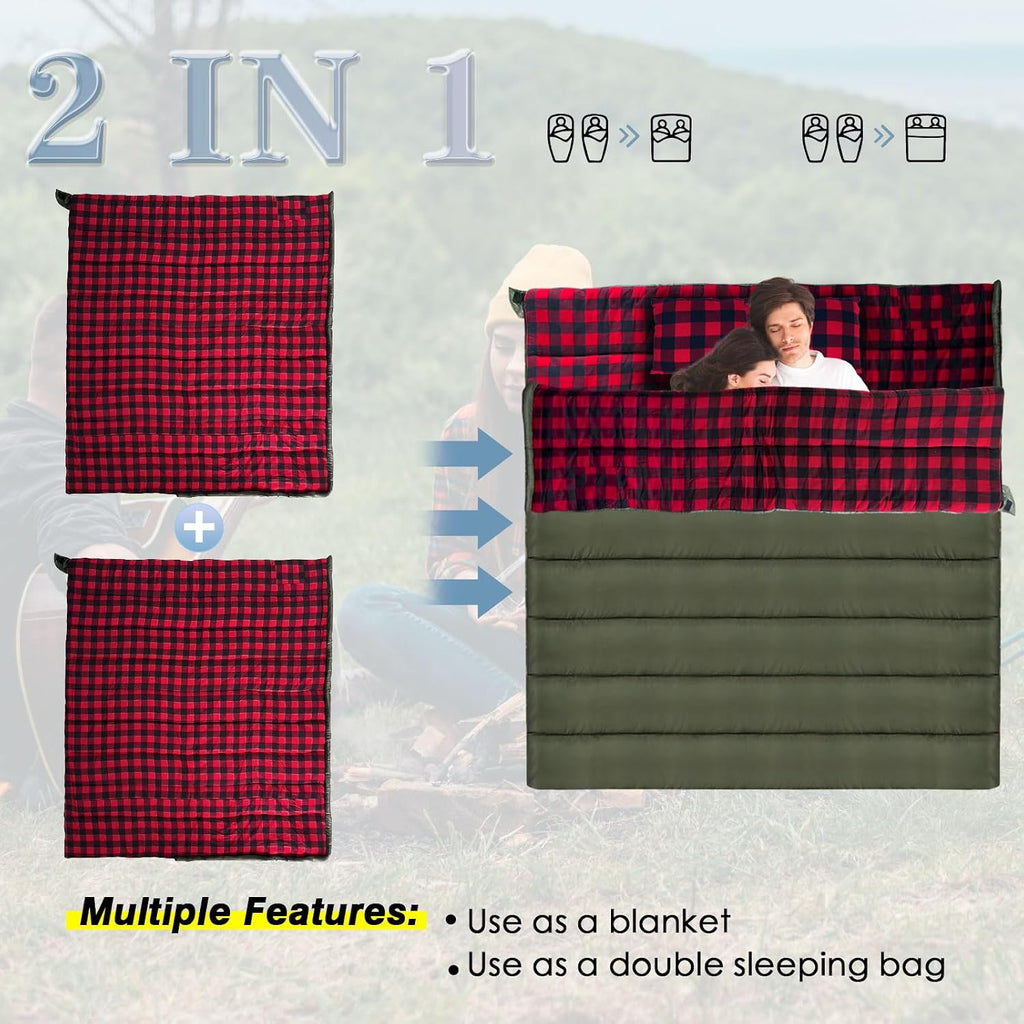 Keencamp 0 Degree Sleeping Bag Cotton Flannel Winter Cold Weather for Adults XXL Sleeping Bag 4 Season Big and Tall with Pillow Compression Sack