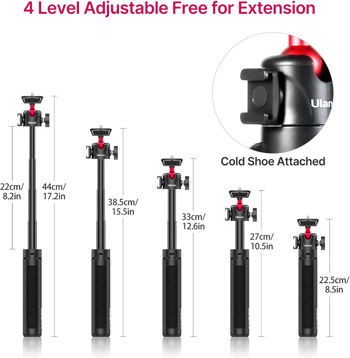 ULANZI MT-16 Extendable Mini Camera Tripod, 4 Levels Adjustment 360° Ball Head Cold Shoe Lightweight Portable Vlog Travel Selfie Stick Handle Grip Desktop Webcam Tripod for DSLR Action Camera