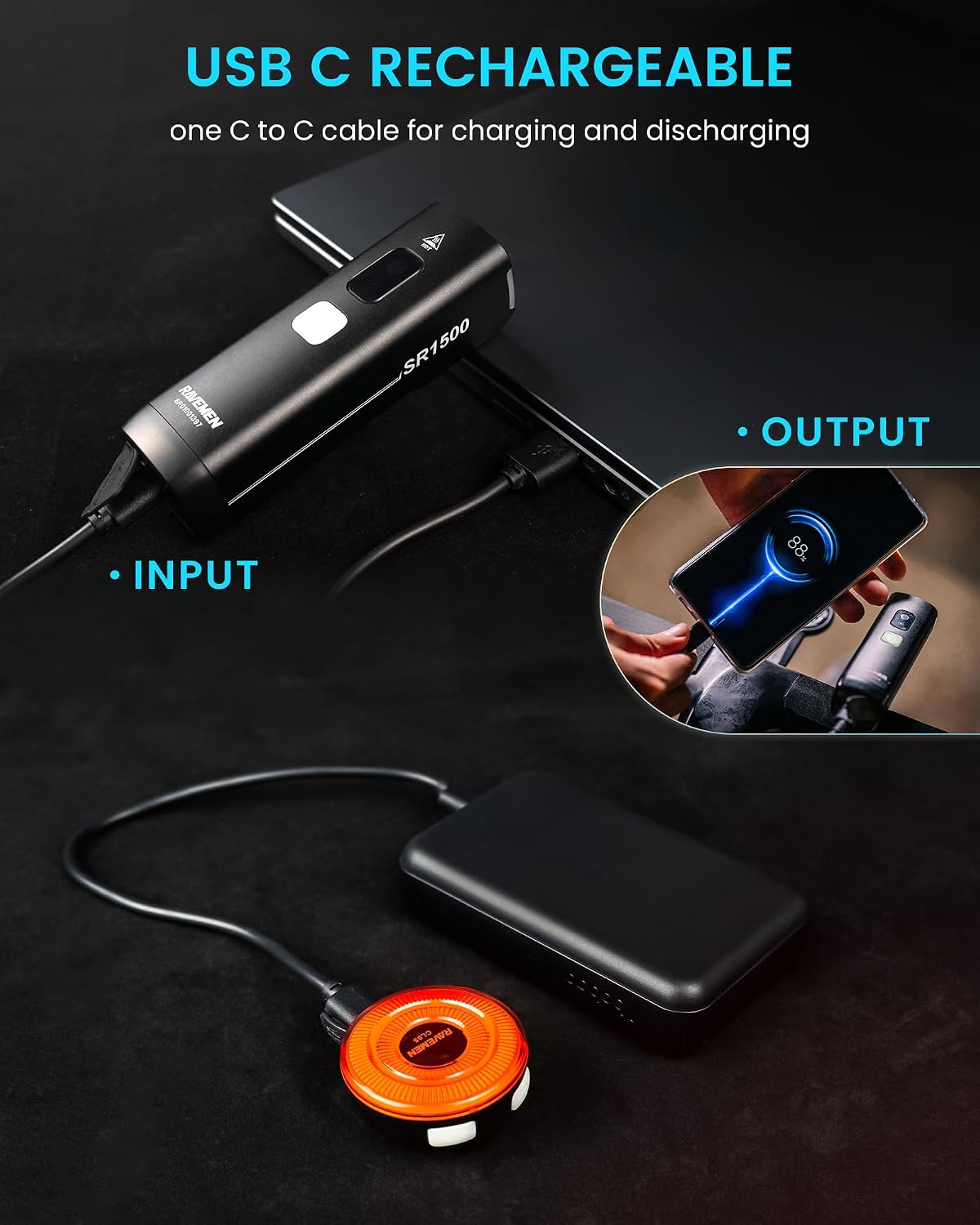 RAVEMEN Bike Lights Set for Night Riding, 5+6 Mode, Front and Back