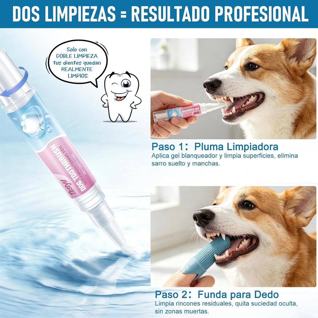 Dog Teeth Brightening Toothbrush Pen with Finger Sleeve, Pet Oral Cleaning Gel Brush Kit, Freshen Breath, Gentle Gum Care, 2-in-1 Dog Dental Cleaning Tool for Daily Pet Oral Hygiene