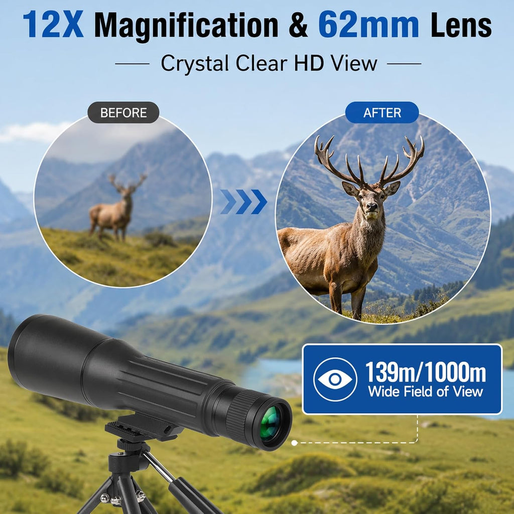 12X62 HD Monocular Telescope with Tripod for Adults Bird Watching, Black