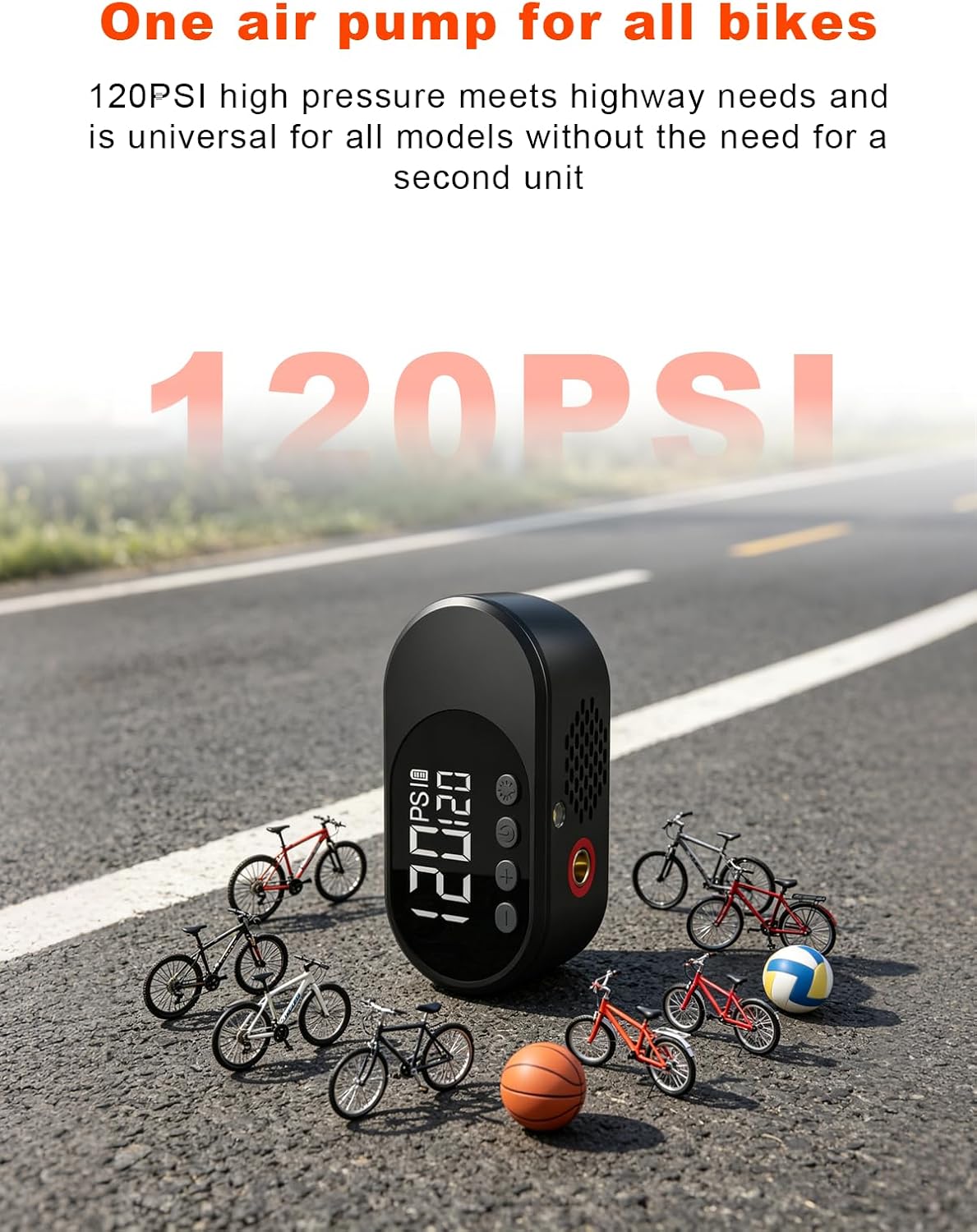 Bike Tire Pump, 120PSI Air Pump, Portable Air Pump for Bicycle, Rechargeable Tire Inflator Portable Air Compressor for Road/MTB/E-Bike, Motorcycle & Ball, Presta & Schrader Compatible