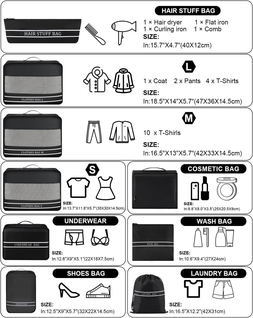 9 Set Packing Cubes Luggage Packing Organizers for Travel Accessories Space Saving Travel Bags for Carry On, Lightweight Mesh Zipper, Clothes, Shoes, Laundry and Shoe Bag, Suitcases (BLACK)