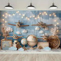 Vintage Airplane World Map Photography Backdrop Blue Sky Cloud Globe Compass Travel Adventure Background for Newborn Baby Boy Shower 1st Birthday Cake Smash Photo Studio Props (7X5FT)