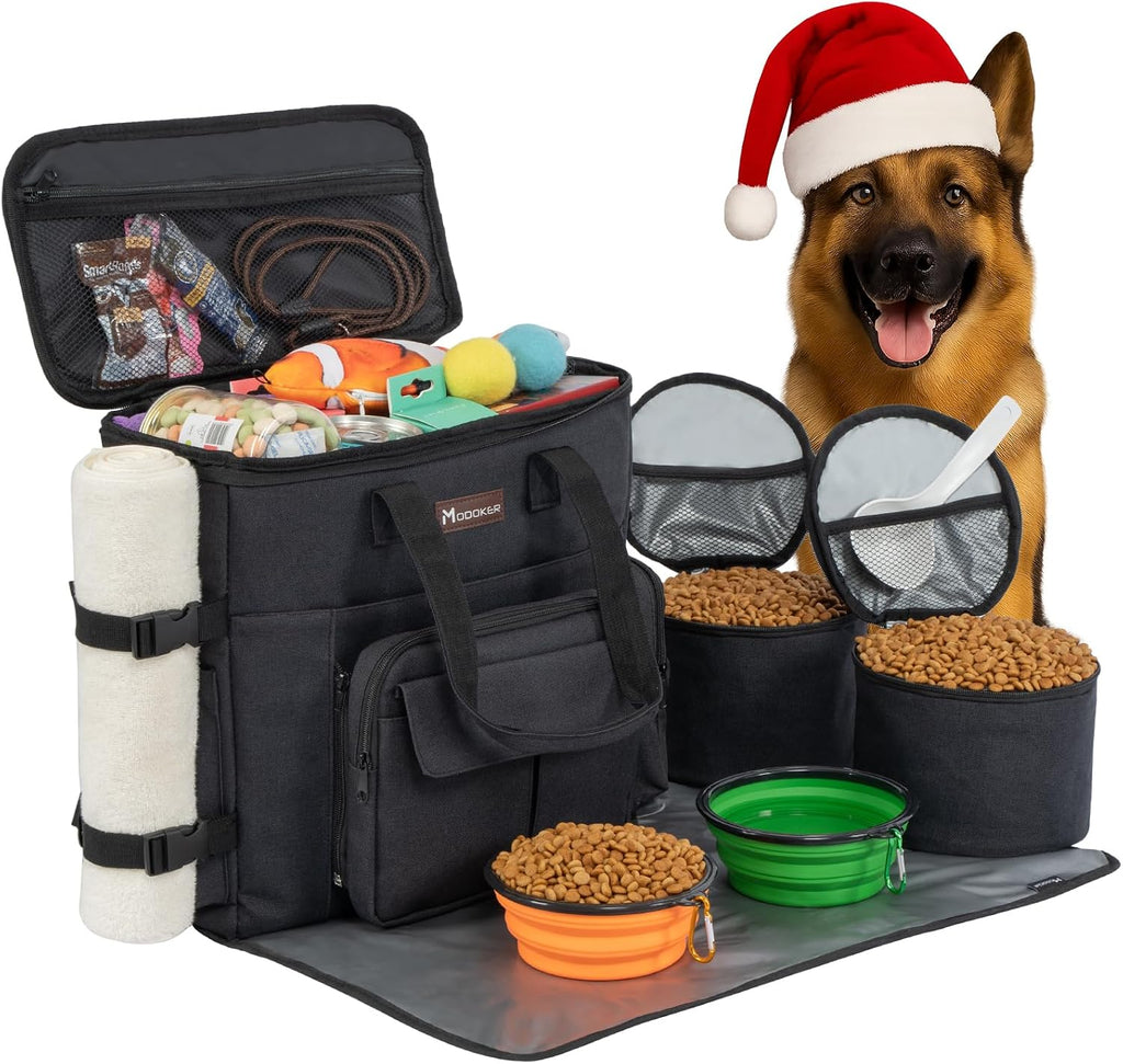 Modoker Weekend Dog Travel Bag Set with 2 Food Bags, 2 Bowls and Mat, Black