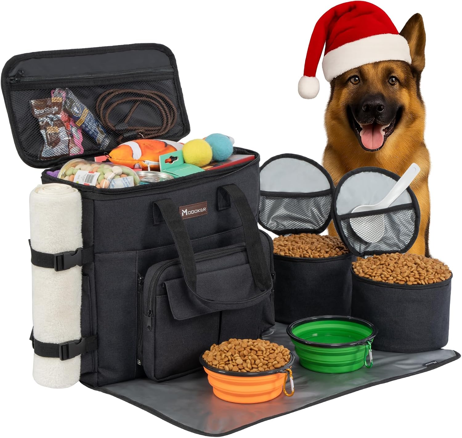 Modoker Weekend Dog Travel Bag Set with 2 Food Bags, 2 Bowls and Mat, Black