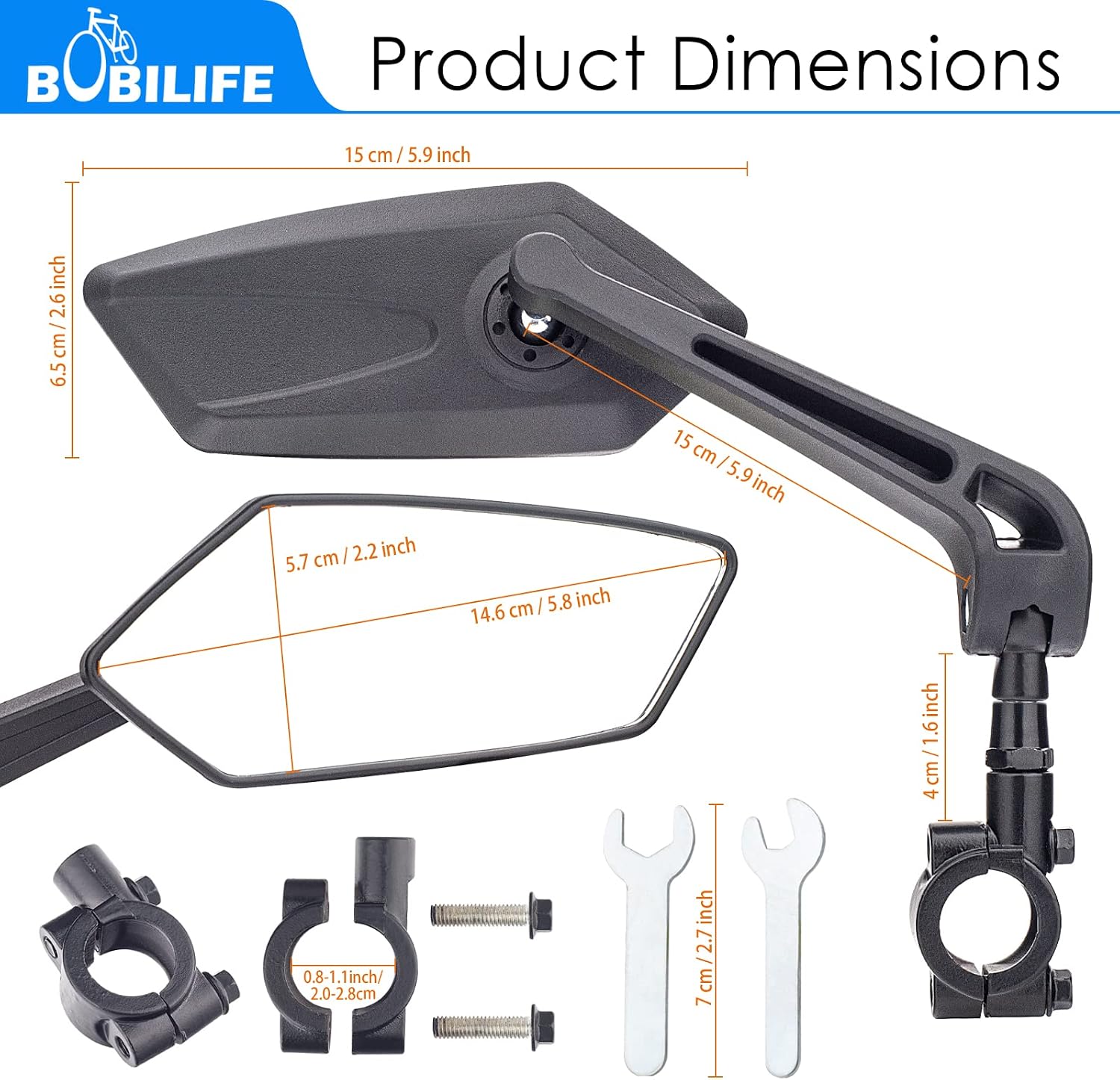 Bike Handlebar Rearview Mirror 2 Pack - Rotatable and Adjustable Wide Angle HD Safe Glass Rear View Shockproof Side Flat Mirror Universal For Bike Bicycle E-bike (BM047)