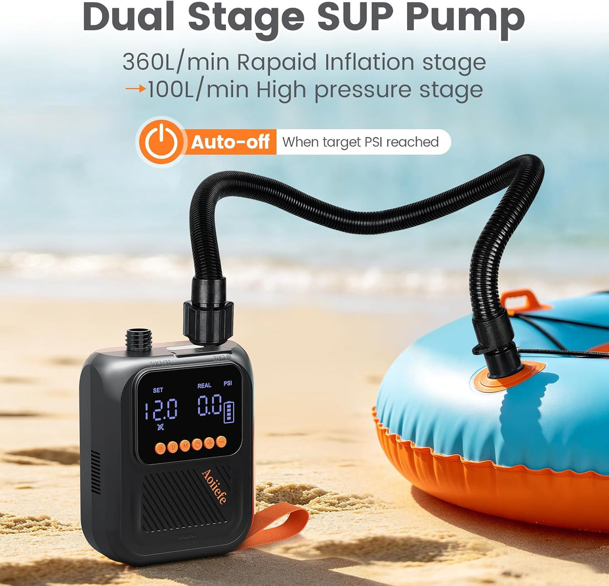 Portable Rechargeable Electric SUP Paddle Board Pump, Intelligent Dual Stage Inflation&Deflation, Up to 20PSI and Auto-Off for Stand UP Paddle Boards, Kayaks, Tents
