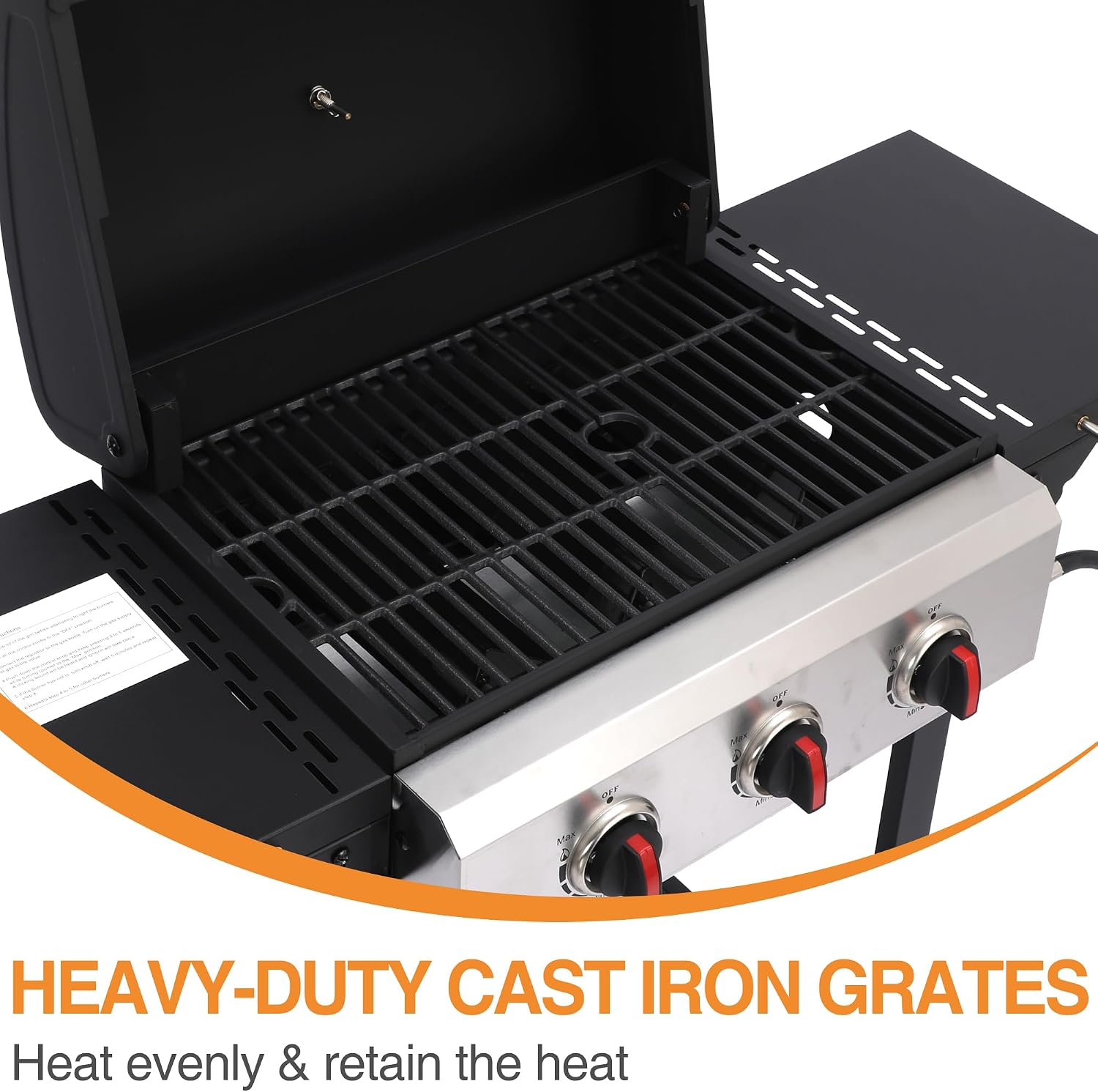 Propane Gas Grill with Folding Side Tables, 3-Burner Gas Grill with Cast Iron Grates and Stainless Steel Griddle Pan, Outdoor BBQ Grill Portable with Wheels 30,000 BTU Output