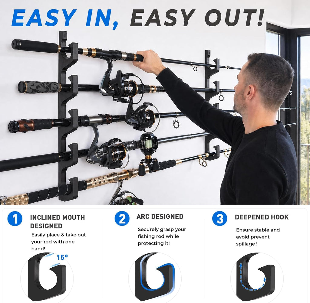 PLUSINNO H5W Solid Wood Fishing Rod Holder, Horizontal Wall & Ceiling Mount Fishing Pole Holders for Garage Storage, Holds 10Rods, Combos and Fishing Nets（Black, 2packs）