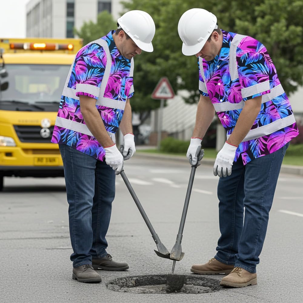 High Visibility Hawaiian Shirt for Men Tropical Shirts Custom Name Floral Outfit Reflective Safety Workwear
