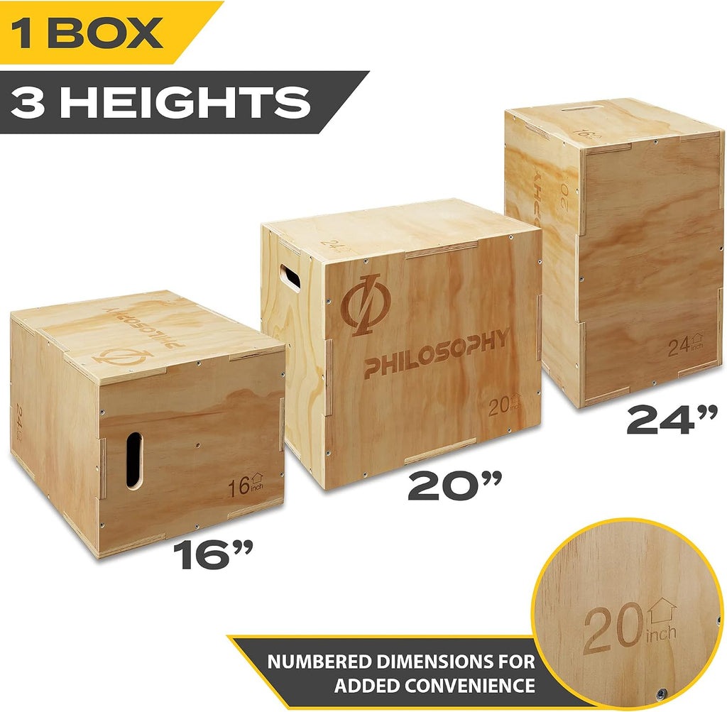 Philosophy Gym 3-in-1 Wooden Plyo Box, Wood Plyometric Jump Box Platform for Home Gym, HIIT, Jumps, Step-Ups, and Strength Training