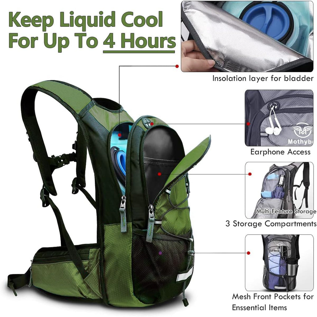 Mothybot Hydration Pack, Insulated Hydration Backpack with 2L BPA Free Water Bladder and Storage, Hiking Backpack for Men, Women, Kids for Running, Cycling, Camping - Keep Liquid Cool up to 5 Hours