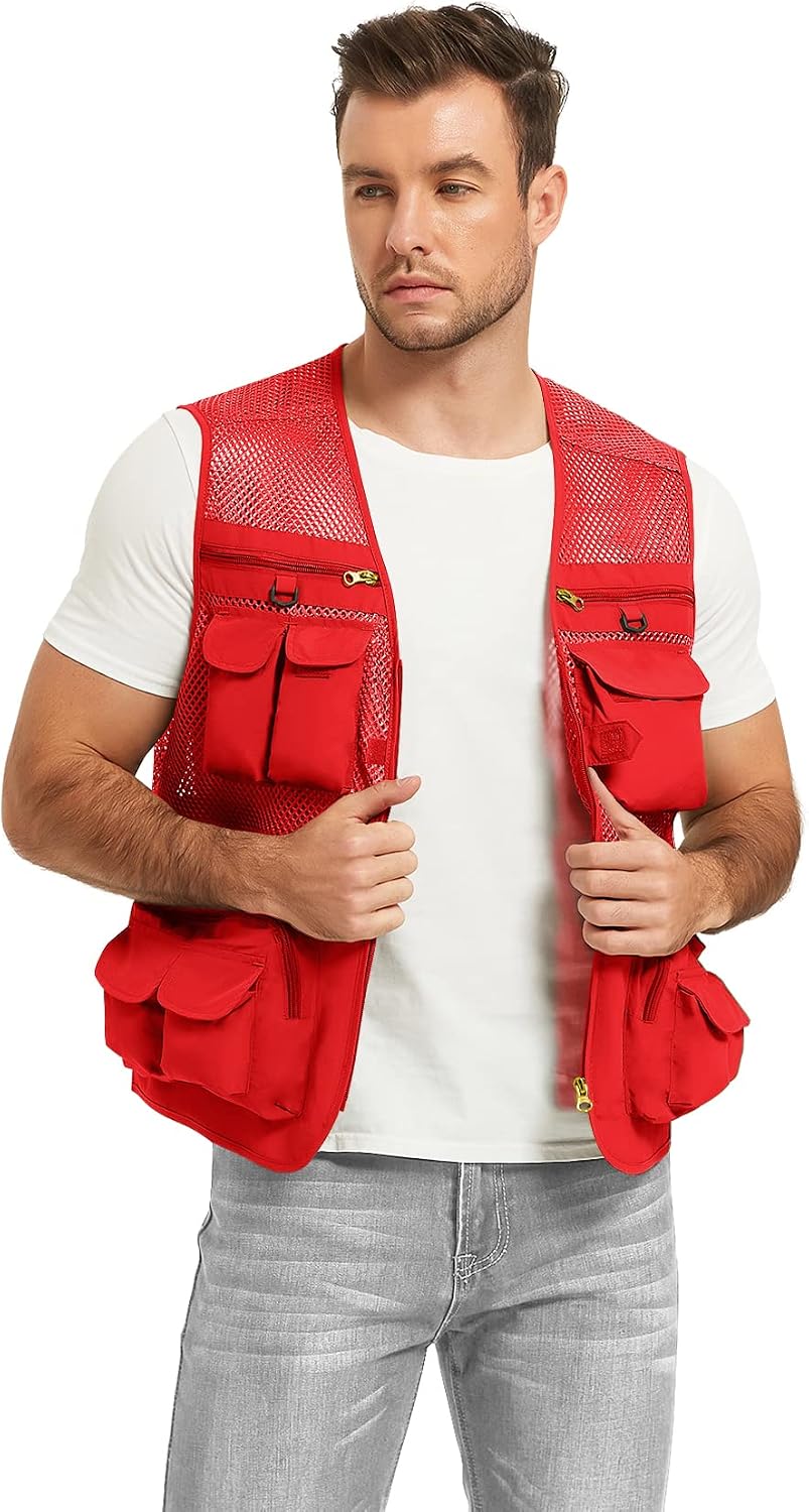 Flygo Men's Fishing Vest Utility Lightweight Outdoor Travel Safari Photo Cargo Vest with 16 Pockets