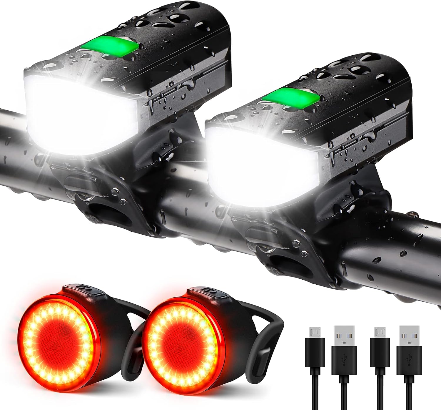 Bike Lights Set 1500LM USB Rechargeable Bicycle Headlight & Tail Light Waterproof 5 Lighting Modes Fits Bicycles for Road and Mountain