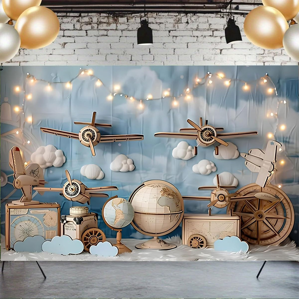 Vintage Airplane World Map Photography Backdrop Blue Sky Cloud Globe Compass Travel Adventure Background for Newborn Baby Boy Shower 1st Birthday Cake Smash Photo Studio Props (7X5FT)