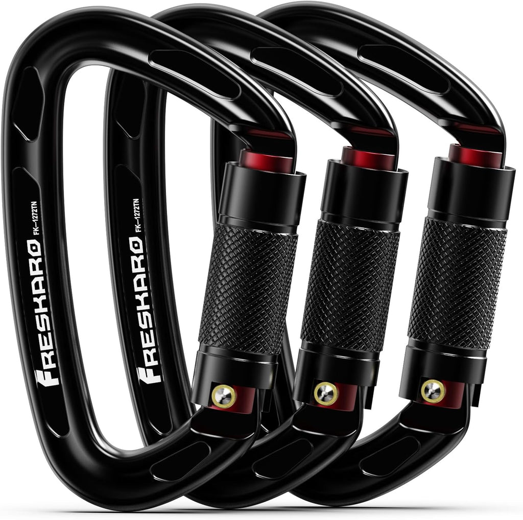 FresKaro UIAA Certified 25KN Auto Locking Climbing Carabiner Clips, Twist Lock, and Heavy Duty Carabiners for Rock Climbing, Rappelling, and Mountaineering, D Shaped
