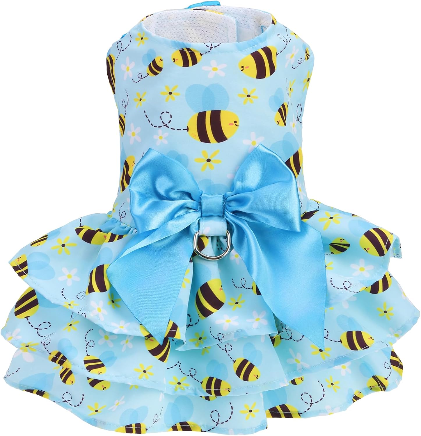 PUPTECK Summer Dog Dress with Bow and Leash Ring, Blue Yellow Bee M