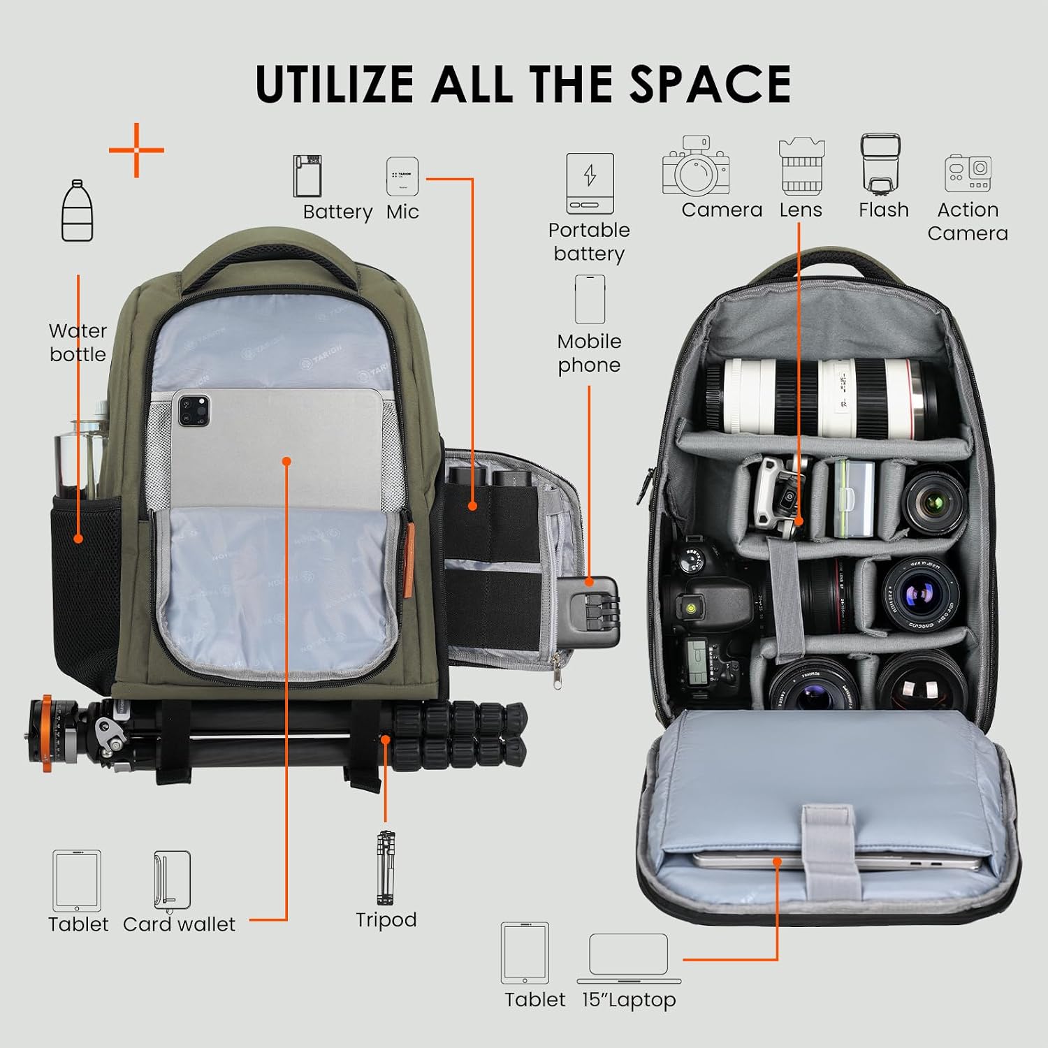 TARION Camera Backpack for Photographers Compact 15L, TB04 Green