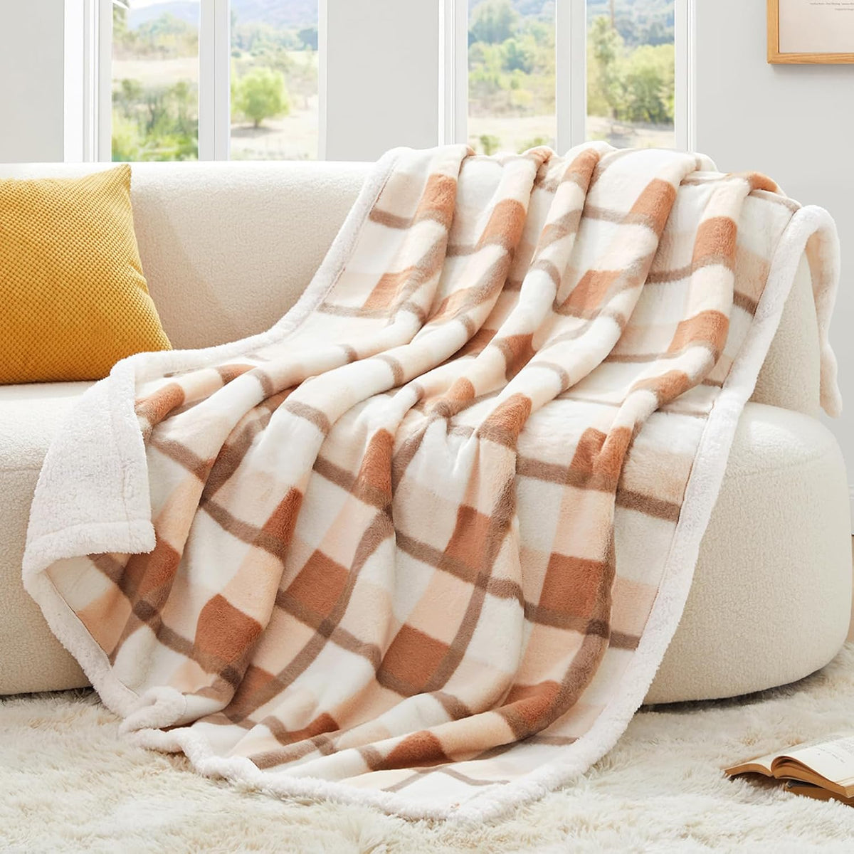 PU MEI Super Soft Faux Rabbit Fur Sherpa Fleece Throw Blanket, Reversible Luxury Cozy Cute Furry Blanket, Plush Warm Shaggy Fluffy Checkered Blankets for Sofa Couch Bed (Beige-Plaid, 60" x 80")