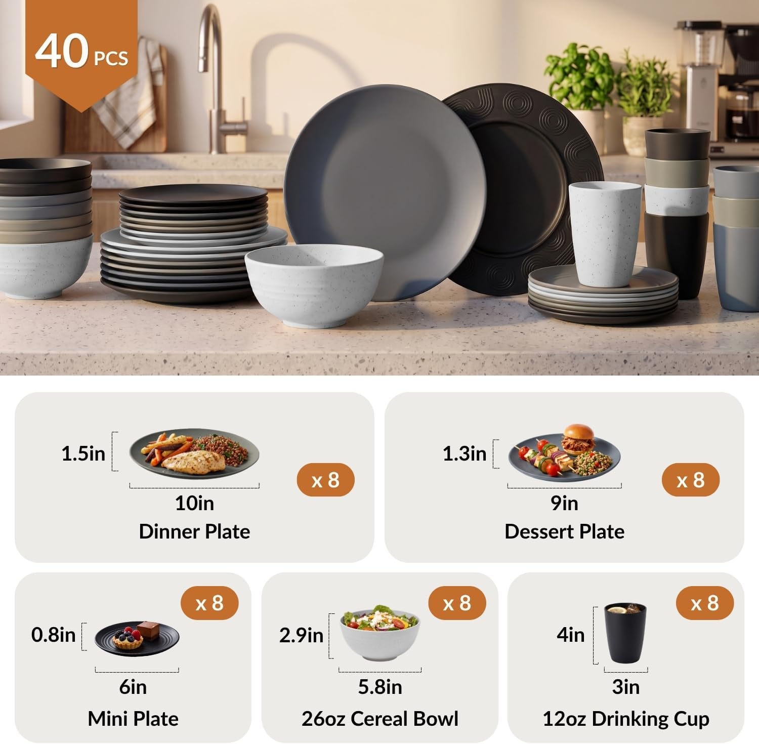 Homienly 40 PCS Kitchen Plates and Bowls Sets for 8 Wheat Straw Dinnerware Sets Microwave and Dishwasher Safe Camping Dish Set Plate Set, Kids, Reusable, Unbreakable, Lightweight-BlackGrey