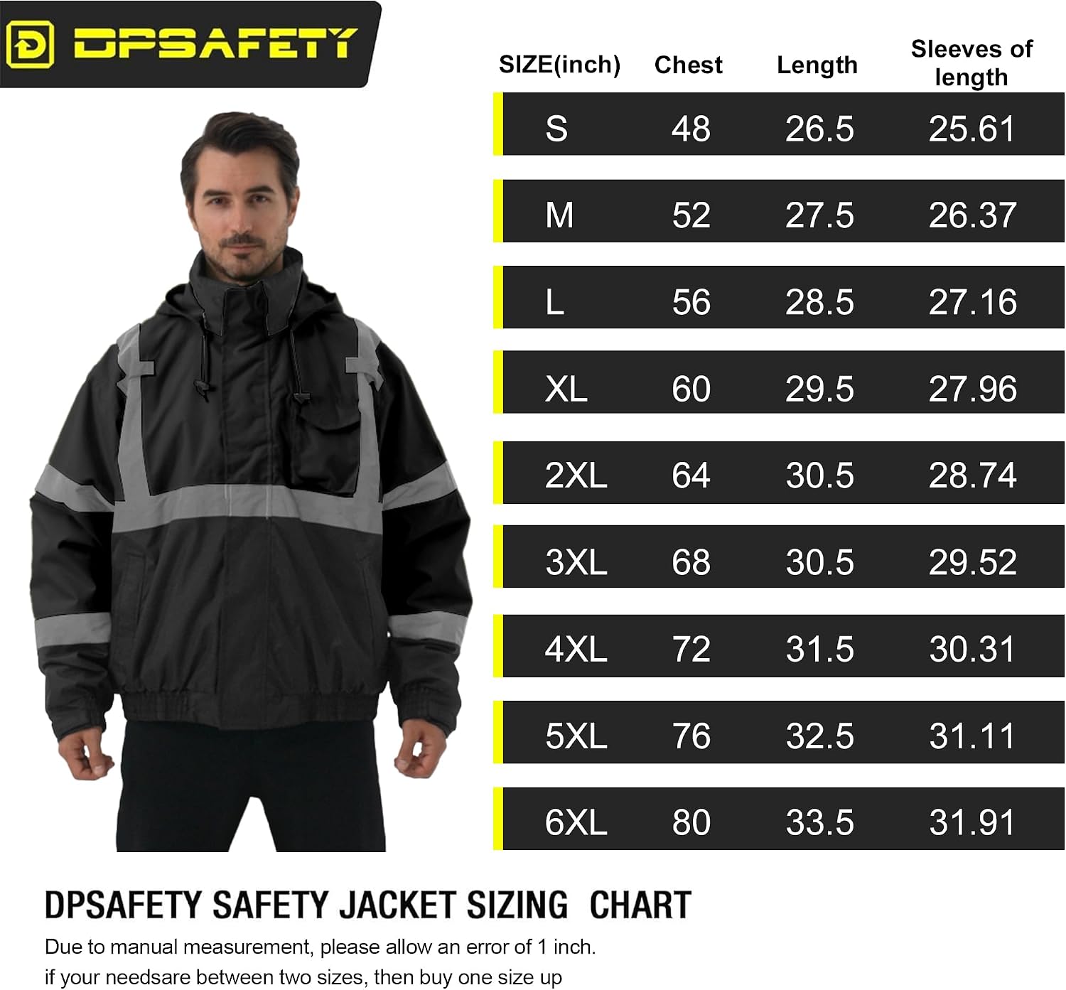 3 in 1 Safety jacket,Reflective high Visibility Hooded jacket,Hi Vis Bomber Jacket shell and fleece lining,Waterproof,ANSI Class 3 Black,Small