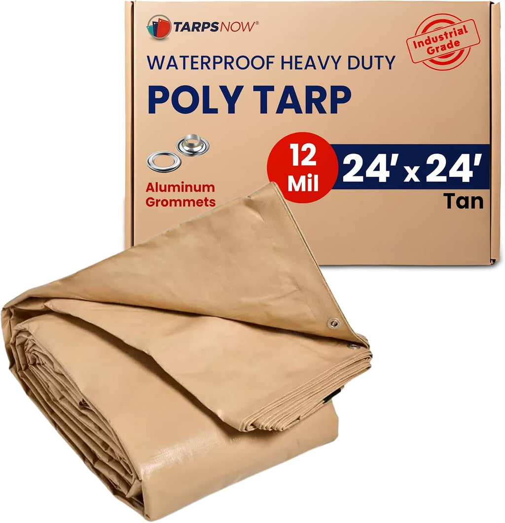 Tarps Now 24x24 Feet Heavy Duty Waterproof Poly Tarp | 12 MIL Reinforced Tarp with Aluminum Grommets | General-Purpose Brown Tarp Cover