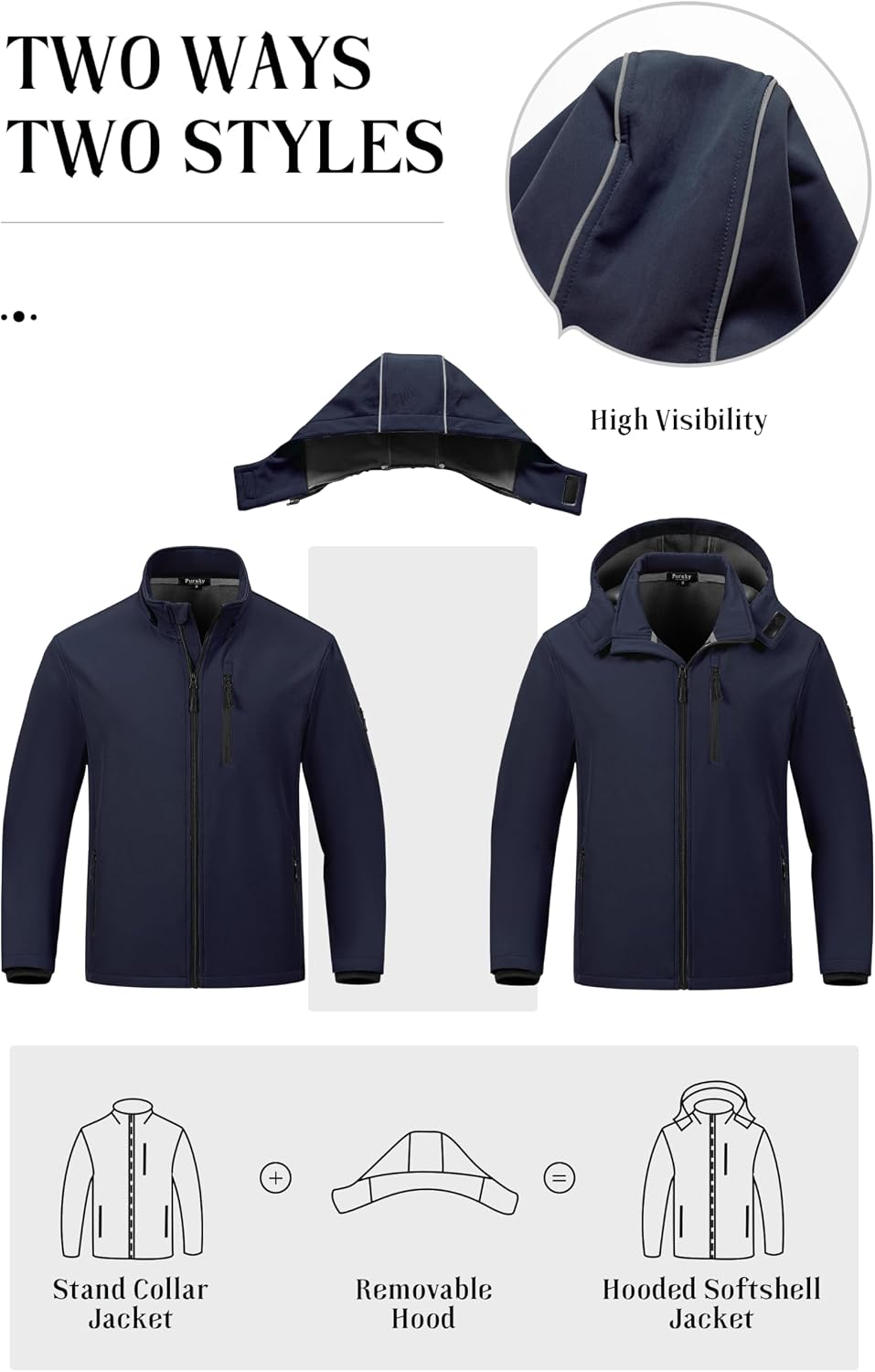Pursky Men's Softshell Jacket Waterproof Fleece Lined Windbreaker With Removable Hood Lightweight Tactical Jacket