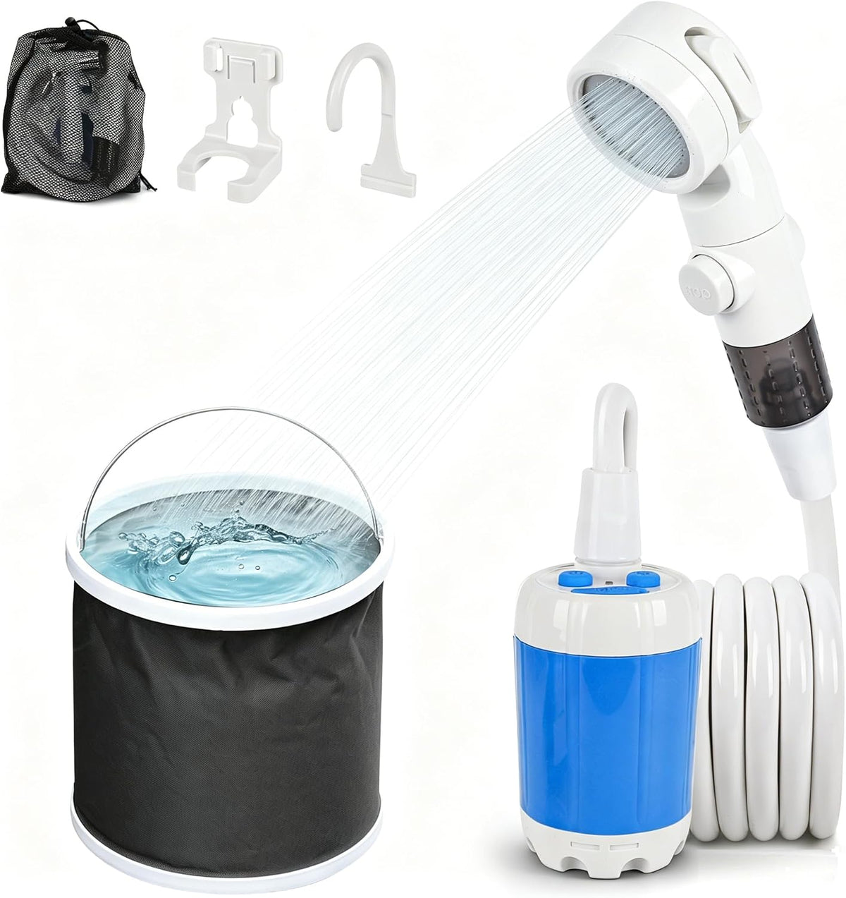 Portable Camping Shower, Outdoor Shower Kit, Hose& Folding Bucket, Rechargeable Powered Portable Shower for Camping, Hiking, Beach,RV,Pet Cleaning & Road Trips