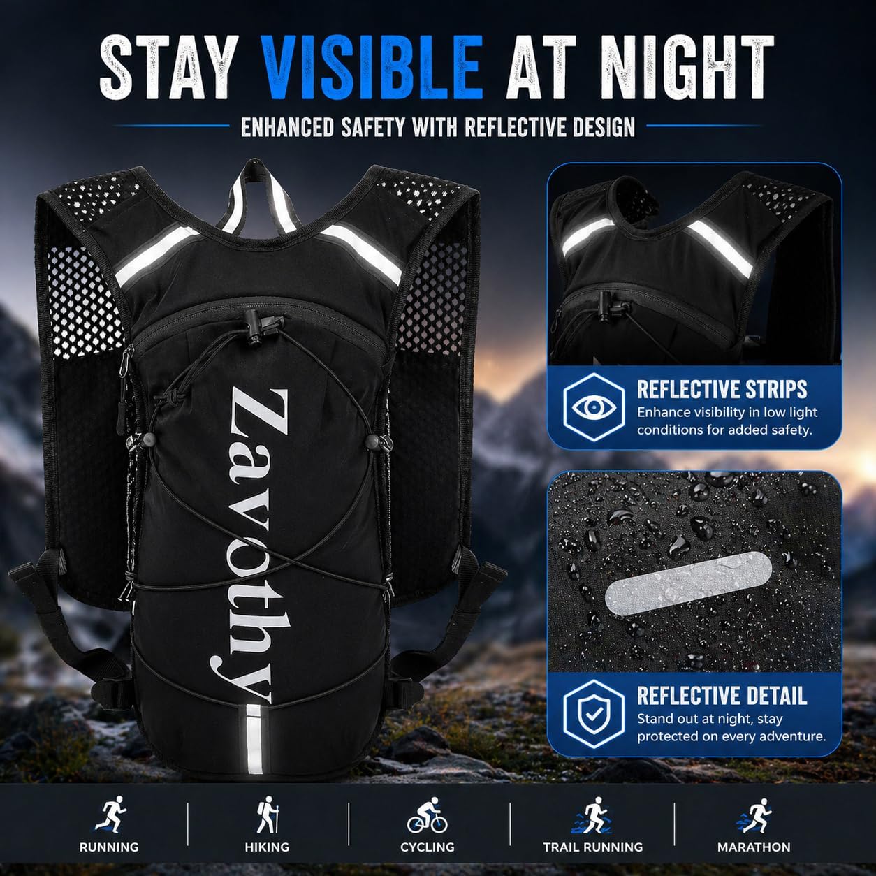 Zavothy Hydration Vest Pack with 1.5L Water Bladder, Lightweight 6L Hydration Backpack for Running, Hiking & Cycling, Breathable Reflective Hydration Vest for Men & Women