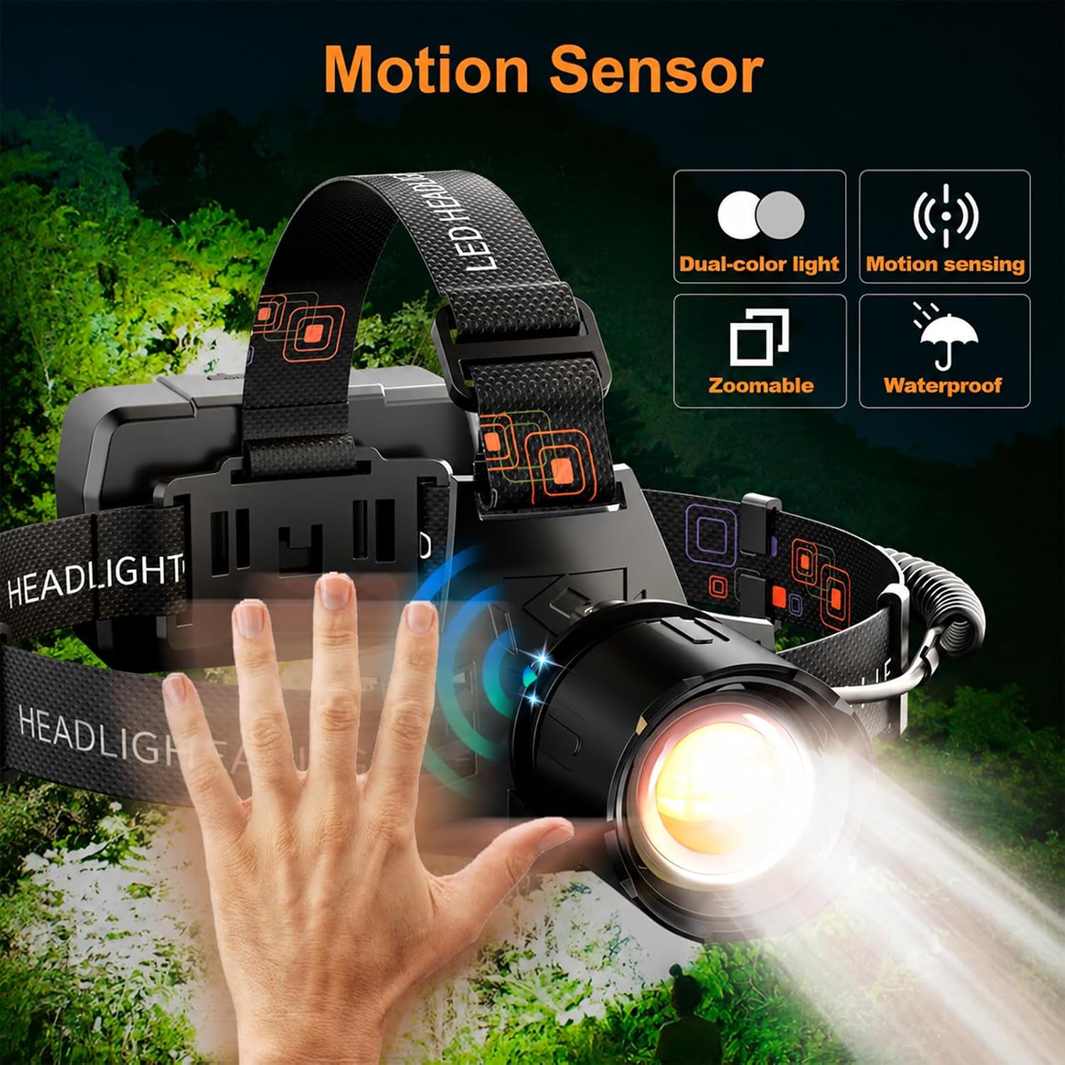 SKYFIRE 3000LM Headlamp for Adults, Motion Sensor, Zoomable Spot-Flood Beam