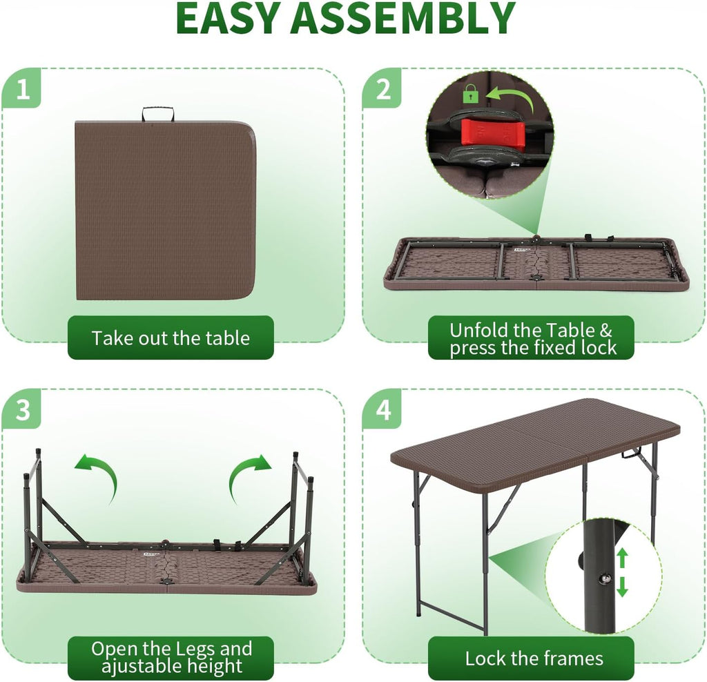 BestOffice | 4FT Folding Table | Brown Ratten | Portable Plastic Table