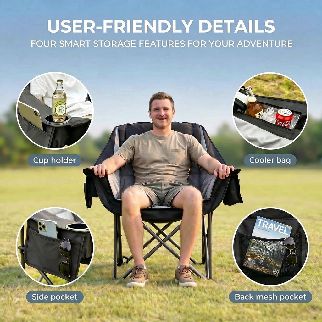 Oversized Camping Chair Padded Heavy Duty Lawn chair Support 500 lbs,Grey
