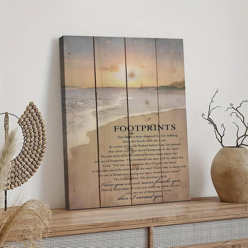 Footprints in the Sand Religious Canvas Wall Art Posters, Inspirational Beach Sunset Poem Print Poster (Framed 20x30inch, Footprints(1))