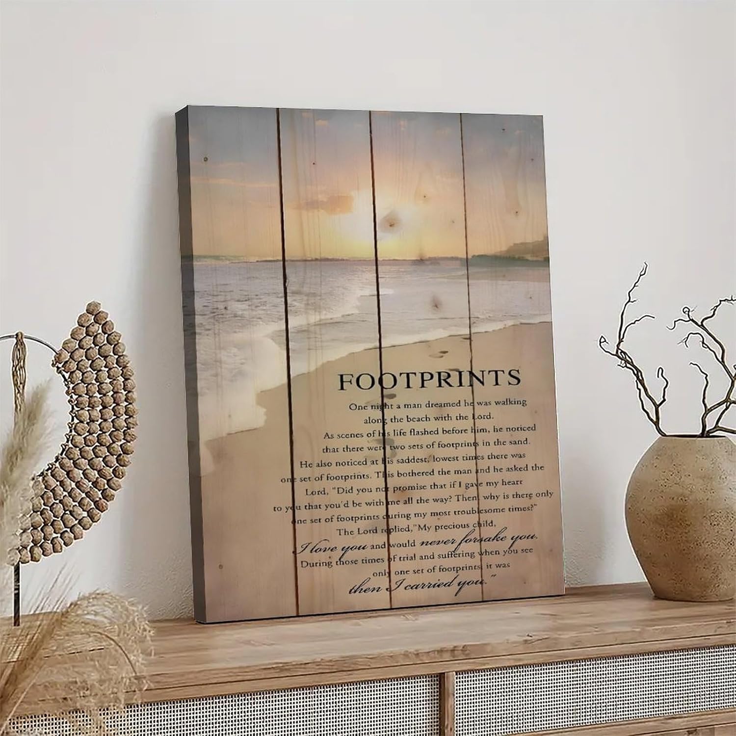 Footprints in the Sand Religious Canvas Wall Art Posters, Inspirational Beach Sunset Poem Print Poster (Framed 20x30inch, Footprints(1))