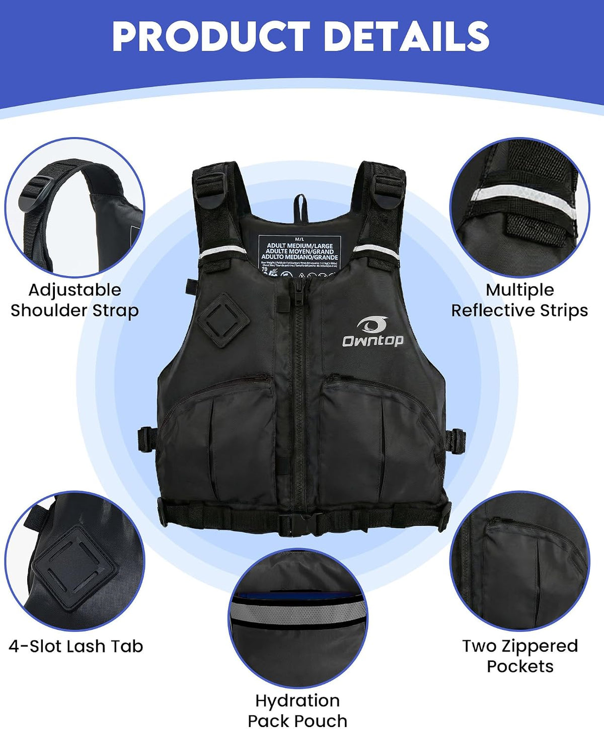 Owntop Women & Men Swim Vest for Kayaking & Paddle Sports, Adjustable Swimming Vest for Adult, Large Armhole Swim Jacket with Waist Strap for Fishing & Boating