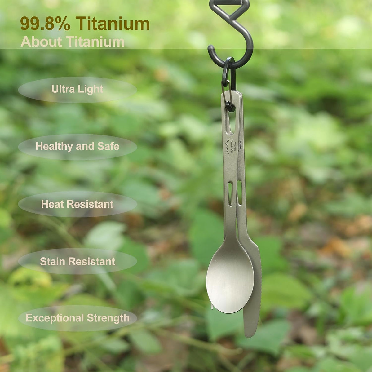 SANTTA Titanium Utensils-Spoon Fork Knife 3-PC Portable Cutlery Set
