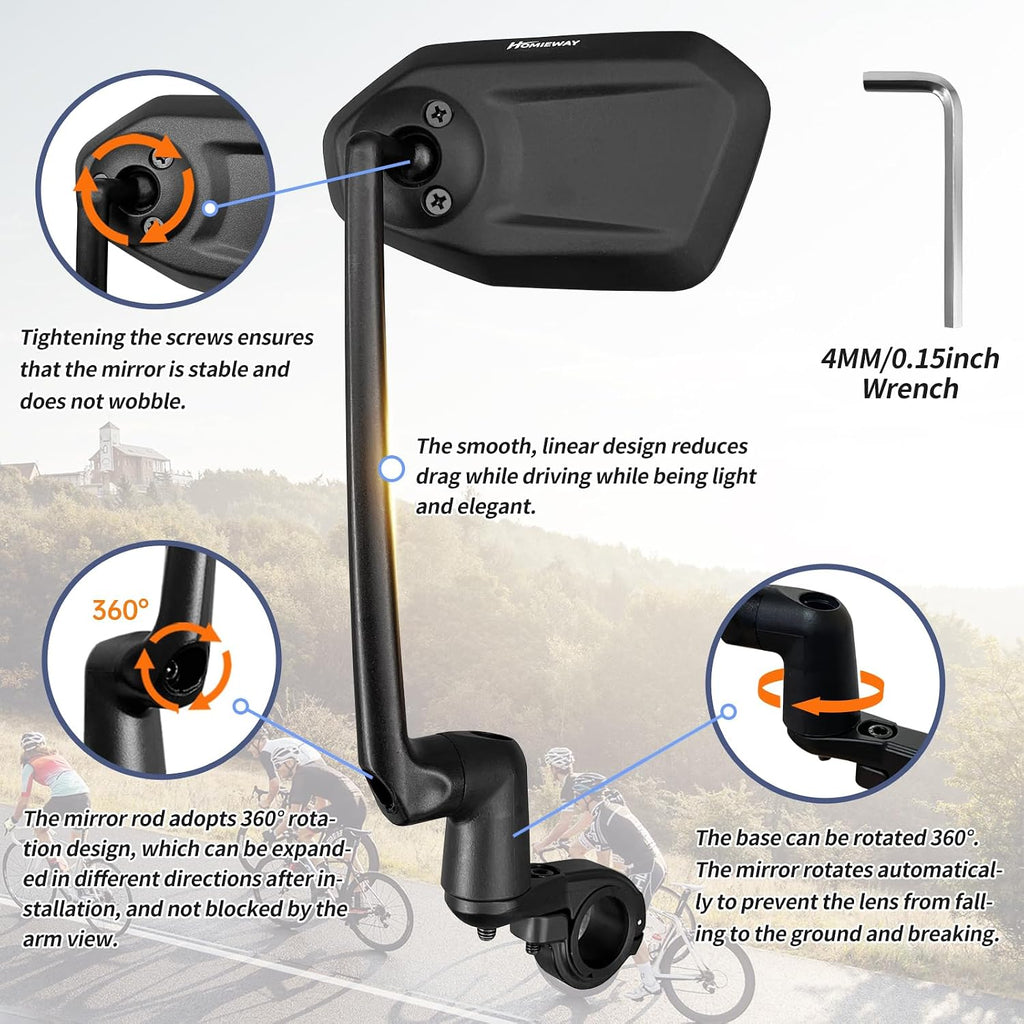 Bike Mirror, Aluminum Handlebar Mount Foldable & Adjustable Bicycle Mirror, HD Real Glass Rear View Mirror for E-bike Scooter MTB, Mountain Bike & City Bikes (Left 0.87-1")