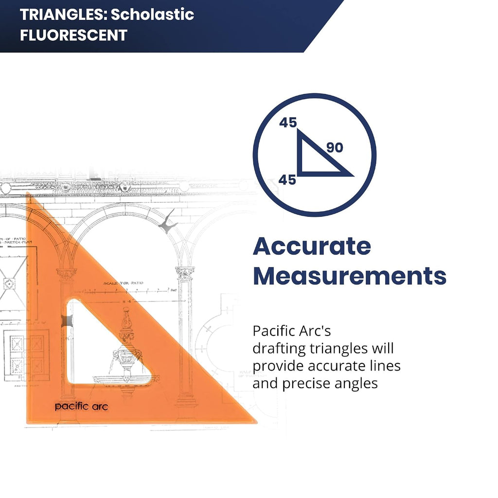 Pacific Arc's Scholastic Triangle - 12 inch - Fluorescent - 45/90 Angle - Polystyrene - Inking Edge - Technical Drawing Tools, Drafting, Architect and Engineering.