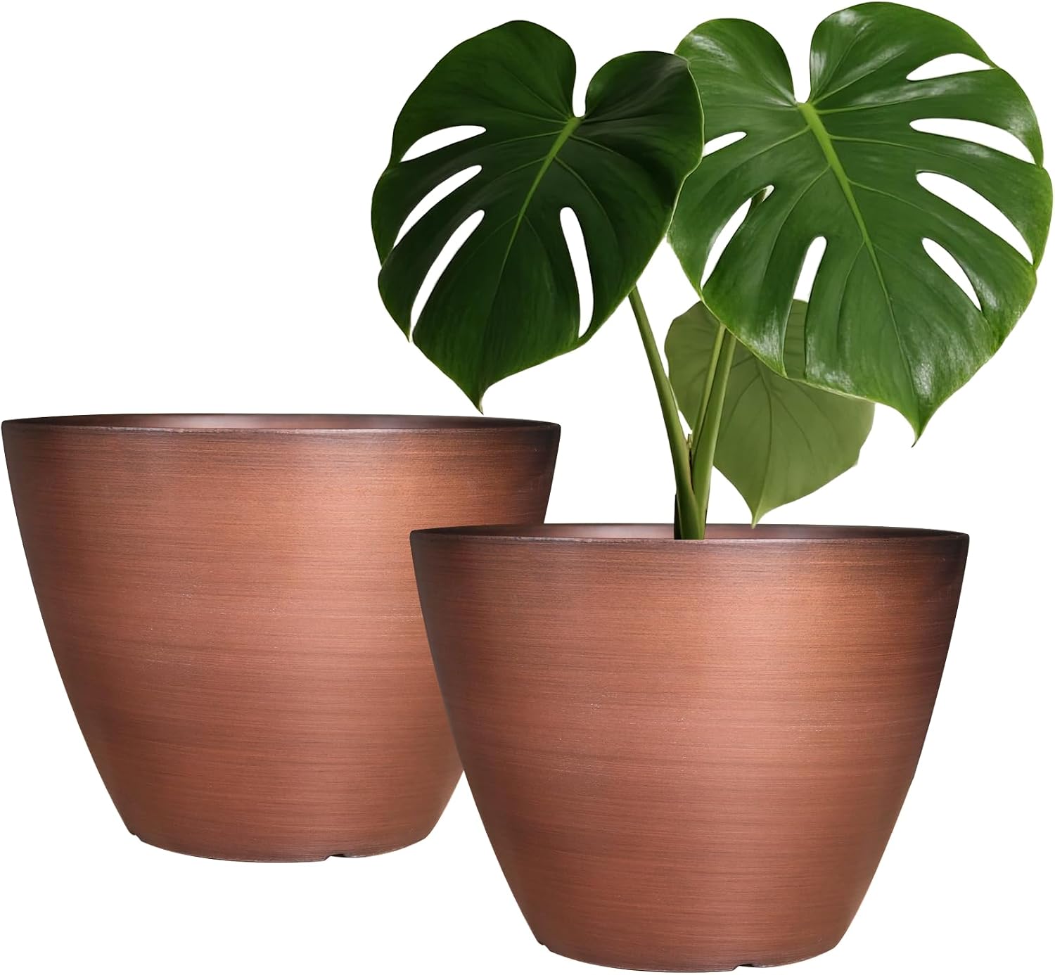 Vanslogreen 2 Pack Plastic Plant Pots with Drainage Holes, 8 inch Planter for Indoor Outdoor Plant, Garden Flower Pots for Aloe, Herbs, Cactus (Brushed Copper, 2pcs)