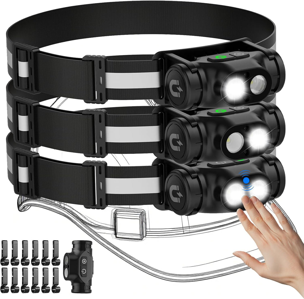 Rechargeable Headlamp 3PCS, High Lumens Bright Head Lamp Led with Motion Sensor, 4 Modes, Magnet, Detachable Flashlight & Headband for Adult,Running,Outdoor,Emergency,Hard Hat Light