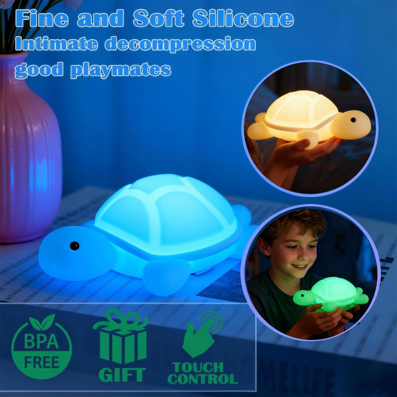 Turtle Night Light, Sea Turtle Gifts, Cute Soft Silicone Squishy LED Lamp with 7 RGB Colors , Dimmable, Timer, Touch Control, Kids' Bedroom Decor, Gift for Children, Breastfeeding Nursery Birthdays