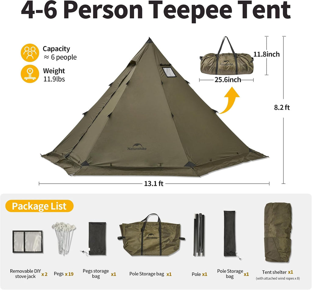 Naturehike Ranch Fire Teepee Tent, Cold Weather Winter Hot Tent with Stove Jack, 4-6 Person Waterproof Windproof 4 Season Tents for Camping