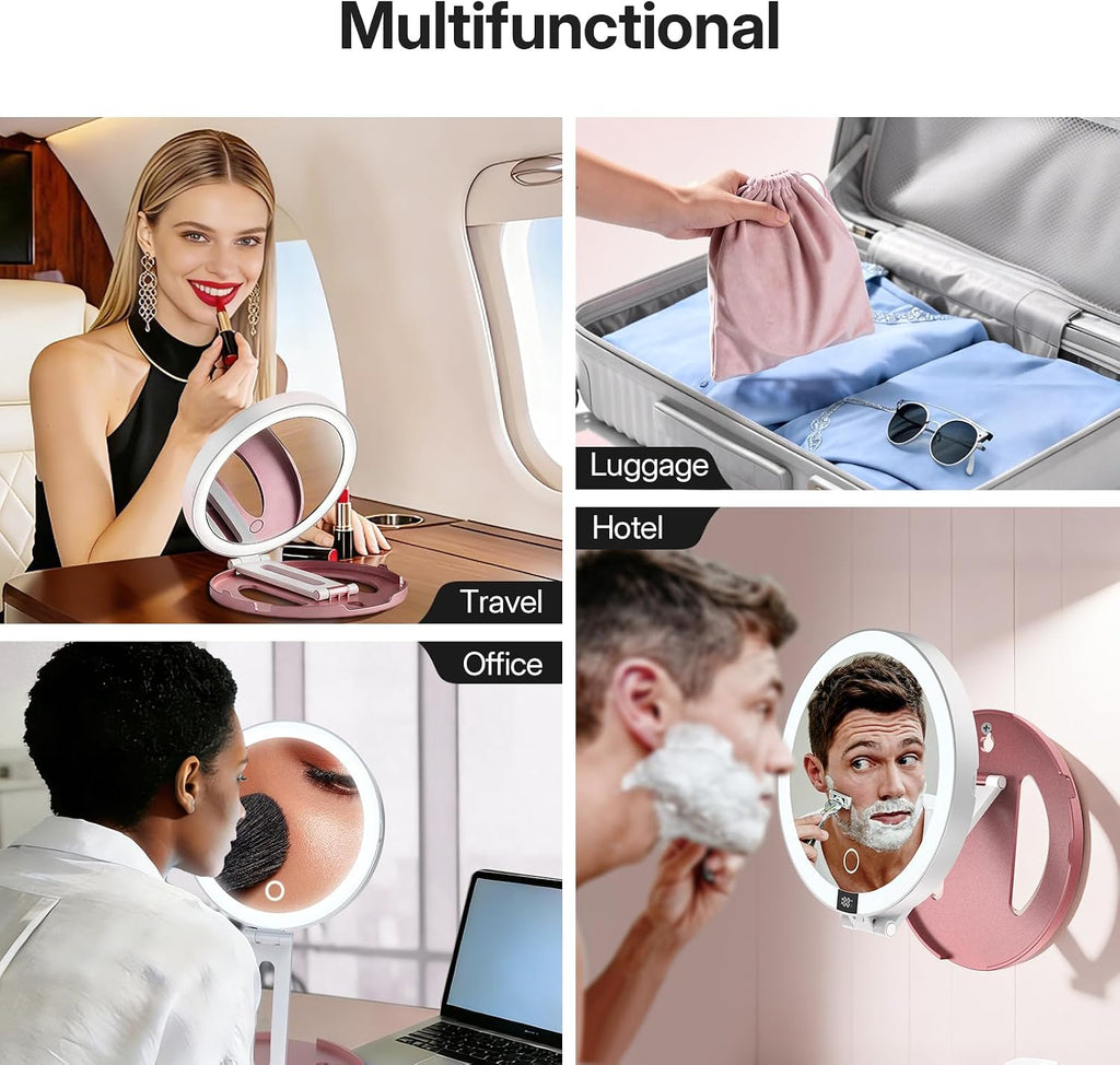 LitBear Travel Makeup Mirror with Lights, 10X/1X Foldable Magnifying Mirror