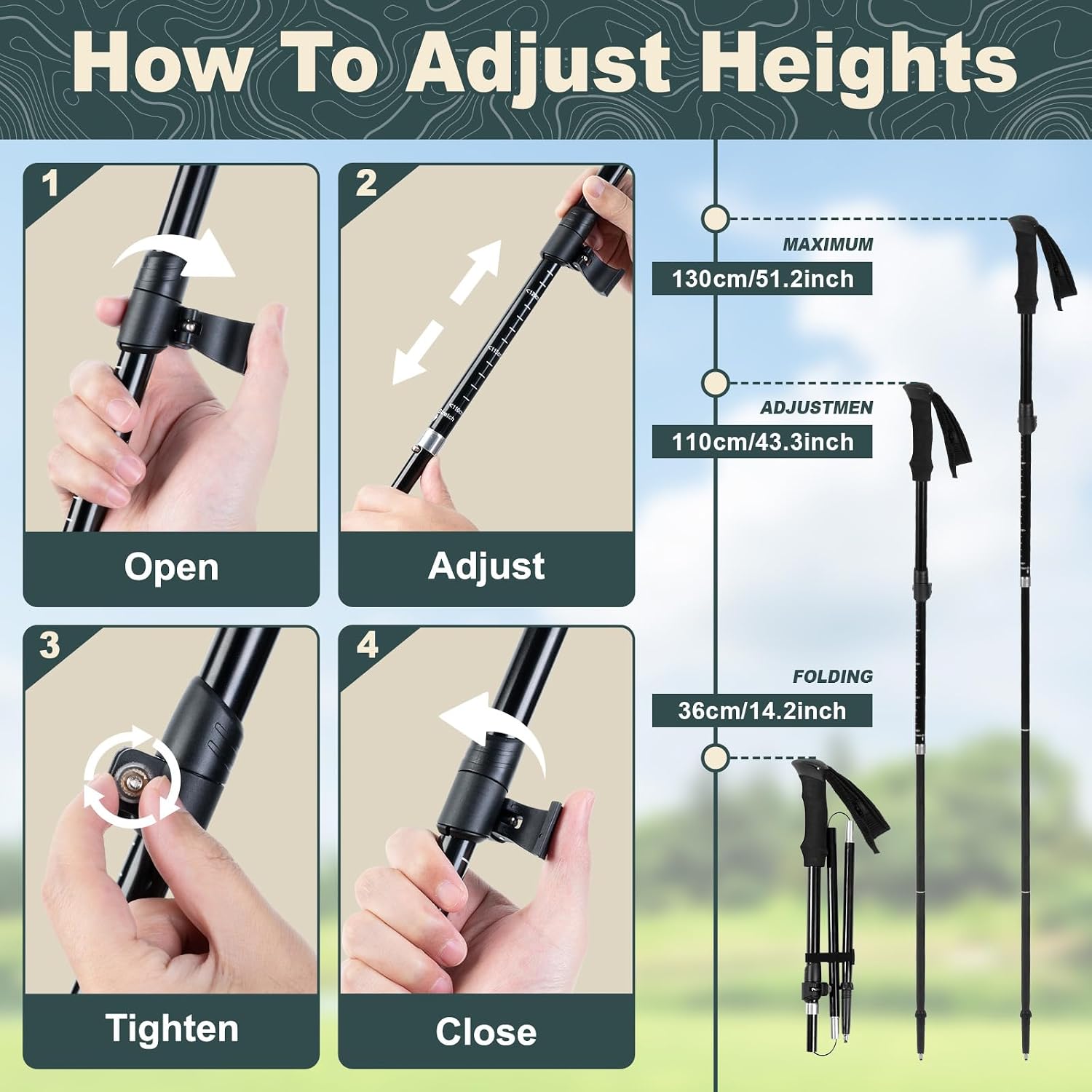 Trekking Poles for Hiking, 2Pcs Aircraft-Grade Aluminum Alloy Walking Sticks for Hiking, Hiking Sticks with EVA Foam Grip, Hiking Poles Collapsible Lightweight for Trekking, Camping