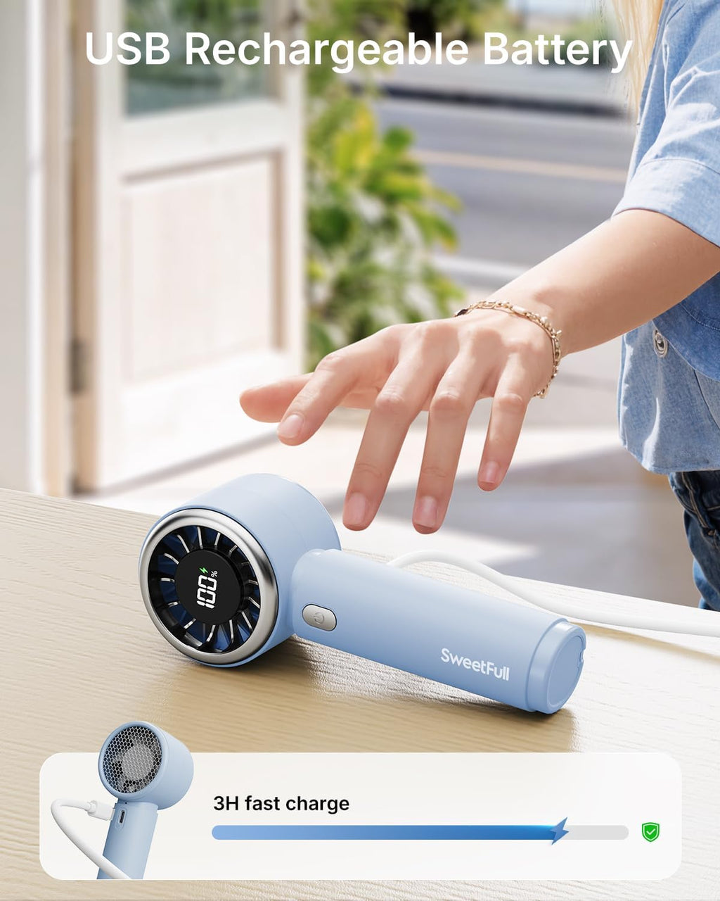 SWEETFULL Portable Handheld Fan, Mini Rechargeable Personal Hand Fan