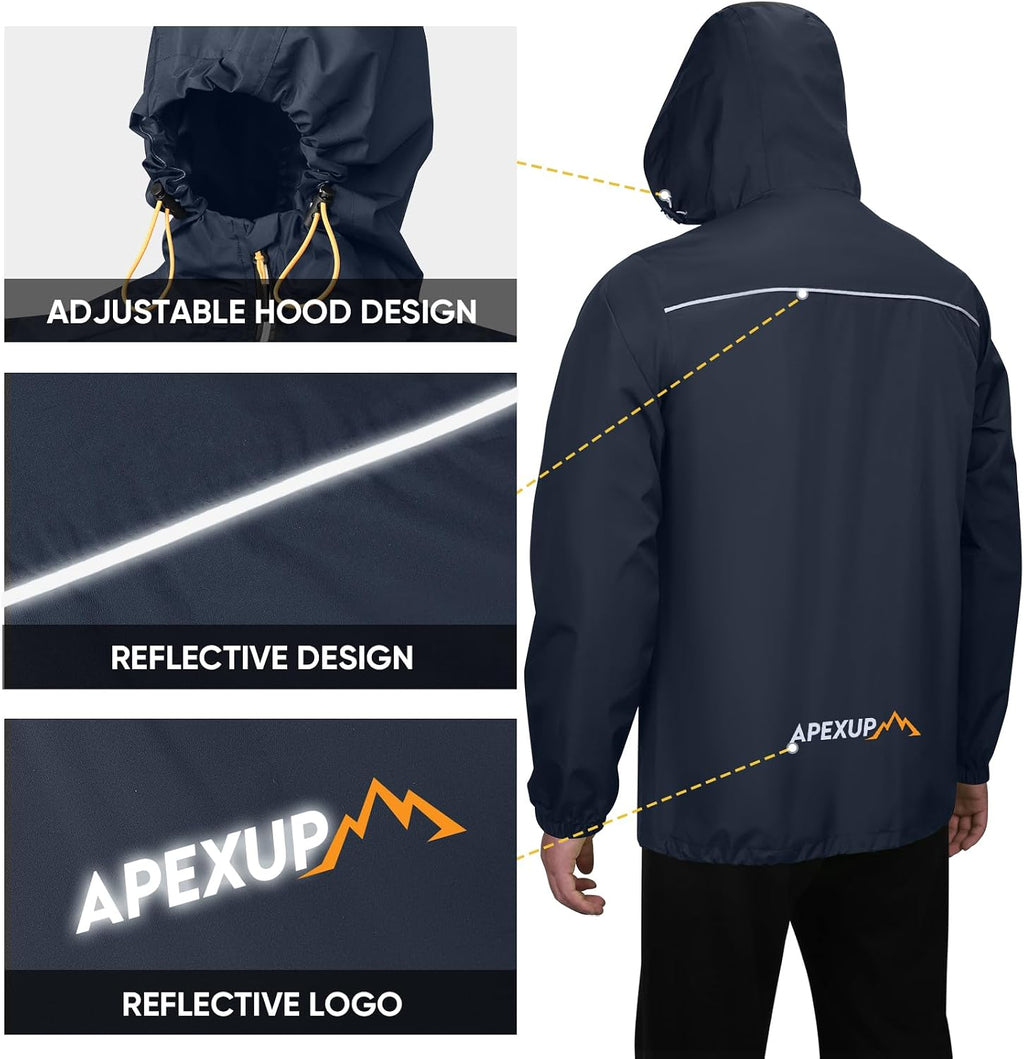 APEXUP Packable Rain Jacket Men Waterproof Lightweight Raincoat with Hood