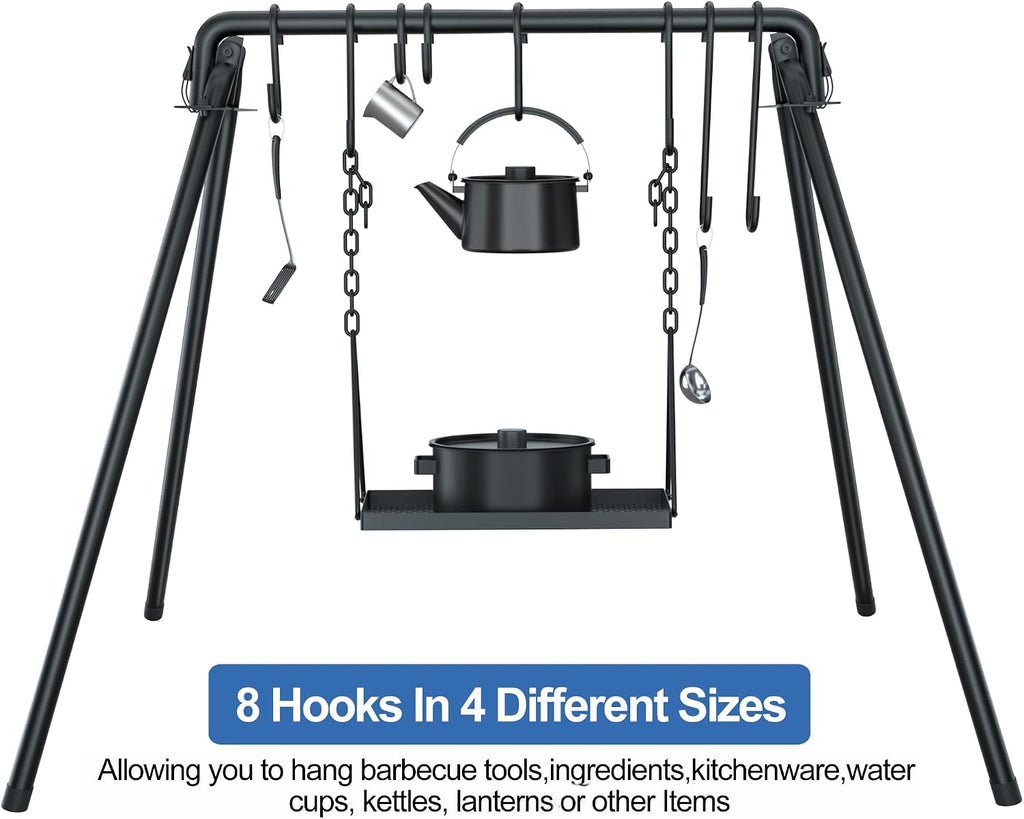 RELIANCER Grill Swing,Campfire Grill Cooking Stand w/8 Hooks & Storage Bag,Cast Iron BBQ Party Swing Grilling Cooking Rack,Outdoor Picnic Camping Cookware Hanging Rack,Collapsible Bonfire Barbecue Set