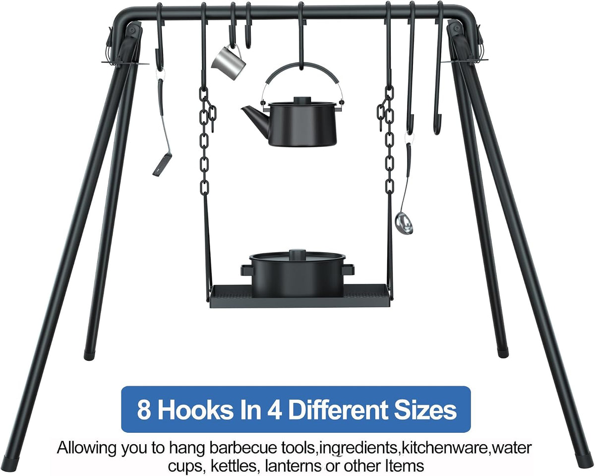 RELIANCER Grill Swing,Campfire Grill Cooking Stand w/8 Hooks & Storage Bag,Cast Iron BBQ Party Swing Grilling Cooking Rack,Outdoor Picnic Camping Cookware Hanging Rack,Collapsible Bonfire Barbecue Set